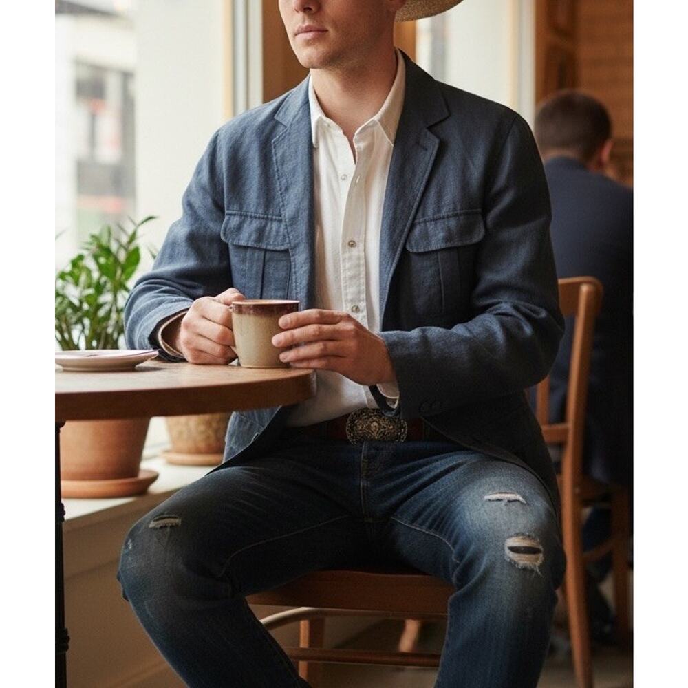 VTG LL Bean LINEN Jacket Men 42 Reg Field Safari Chore Coat Blazer Elbow Patches - Picture 12 of 16